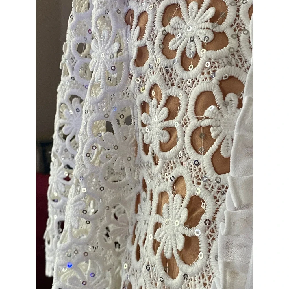 NWT MICHAEL KORS white Floral Lace Sequin Tuxedo Bib Midi Dress Short Sleeve L‎